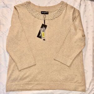 NWT Karl Lagerfeld Paris Sparkling Beige Sweater with Pearl  collar Womens XL